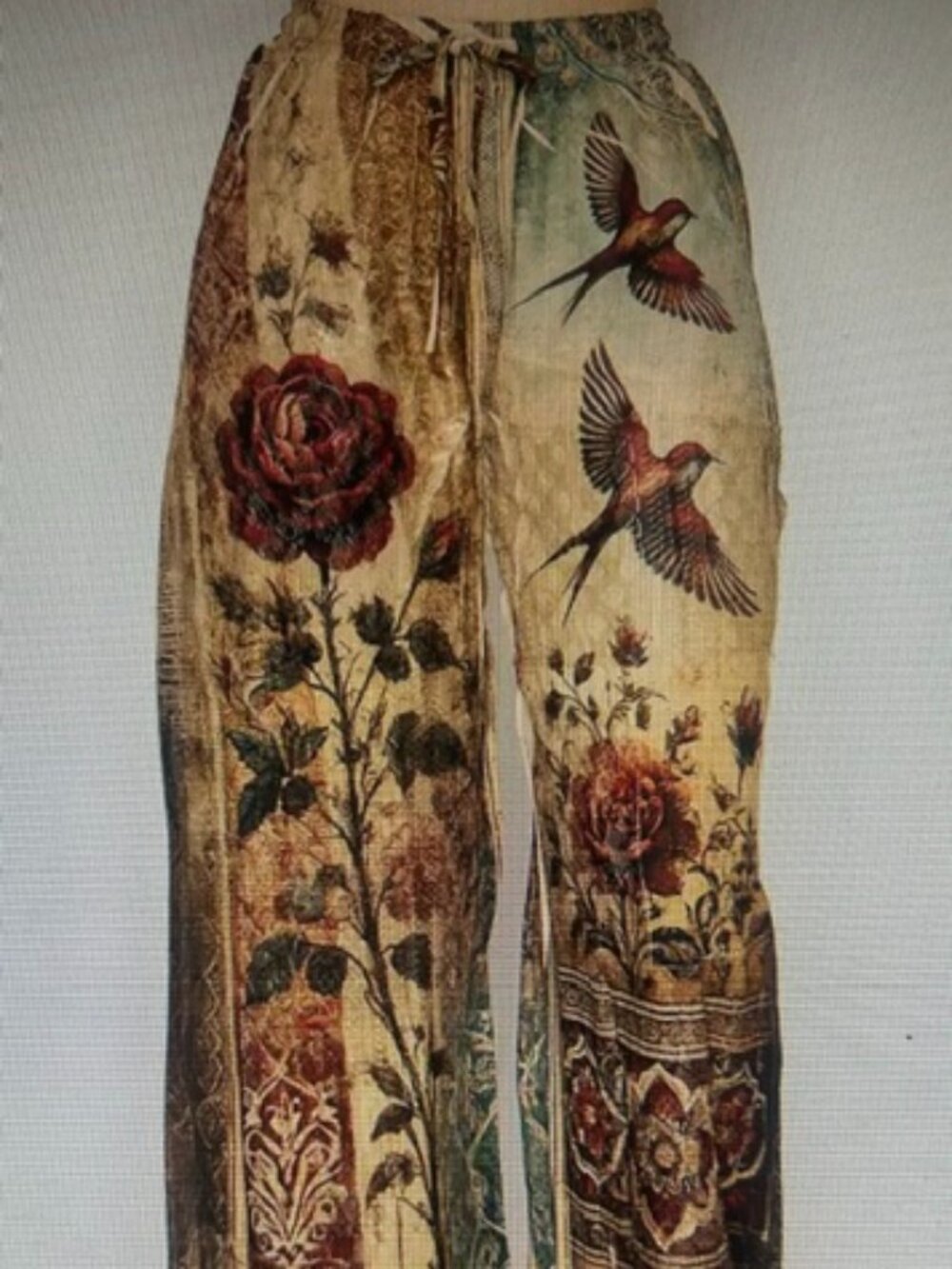 Origami Relaxed Lace Patchwork Vintage Rose Song Bird Elastic Drawstring PantNEW